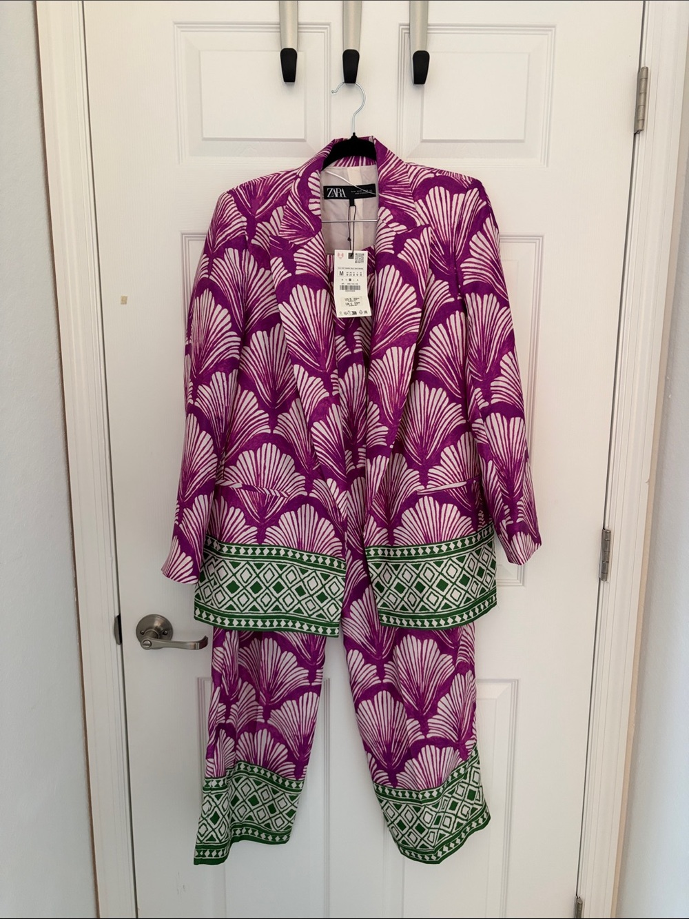 Zara Purple & White Printed Two-Piece Set with Green Trim